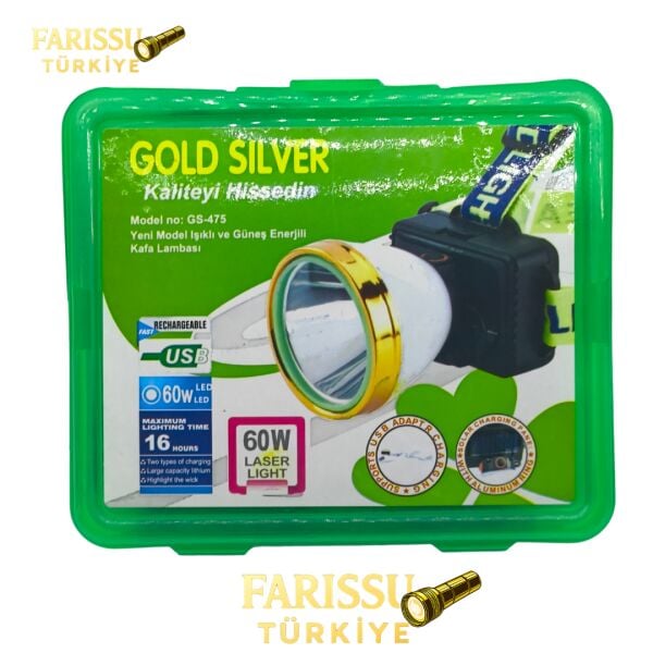Gold Silver Güneş Enerjili Solar Şarjlı Kafa Lambası 60W LED 1 KM Menzilli Avcı Kamp Feneri 18650 Pilli