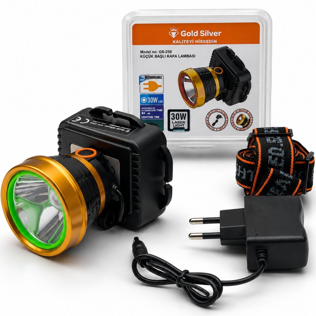 Gold Silver GS-250 Şarj Edilebilir 30W LED Kafa Lambası - 1000m Menzilli Kamp ve Avcı Feneri