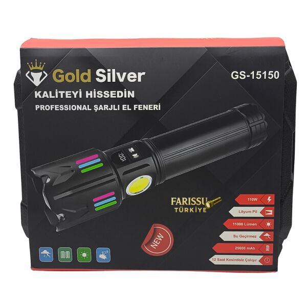 Gold Silver GS-15150 Profesyonel Şarjlı El Feneri | 11000 Lümen 110W Projektör Devasa Lityum Pilli