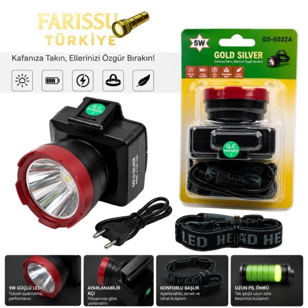 Gold Silver GS-5032A 5W Şarj Edilebilir LED Kafa Feneri Lambası - 600 Metre Uzun Menzilli