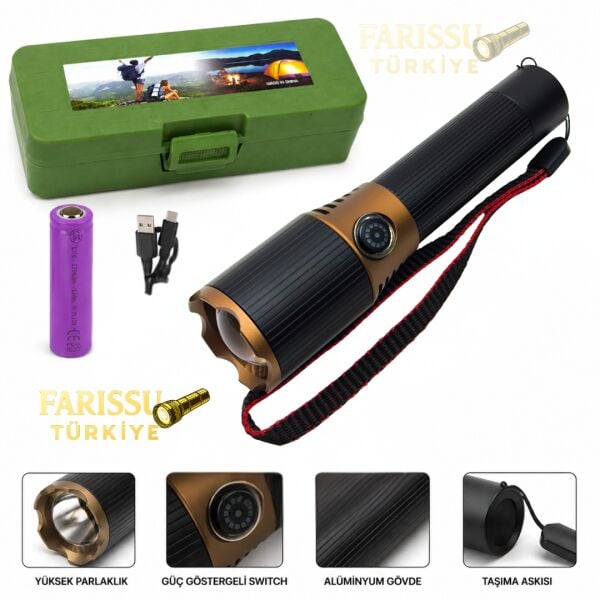 20 Watt Güçlü LED El Feneri - 3 Modlu, Type-C Şarjlı, Zoom Özellikli Askılı Taktik Feneri