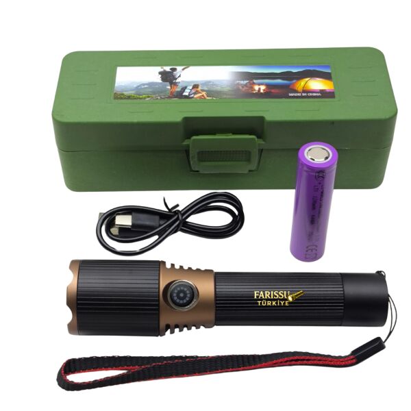 20 Watt Güçlü LED El Feneri - 3 Modlu, Type-C Şarjlı, Zoom Özellikli Askılı Taktik Feneri