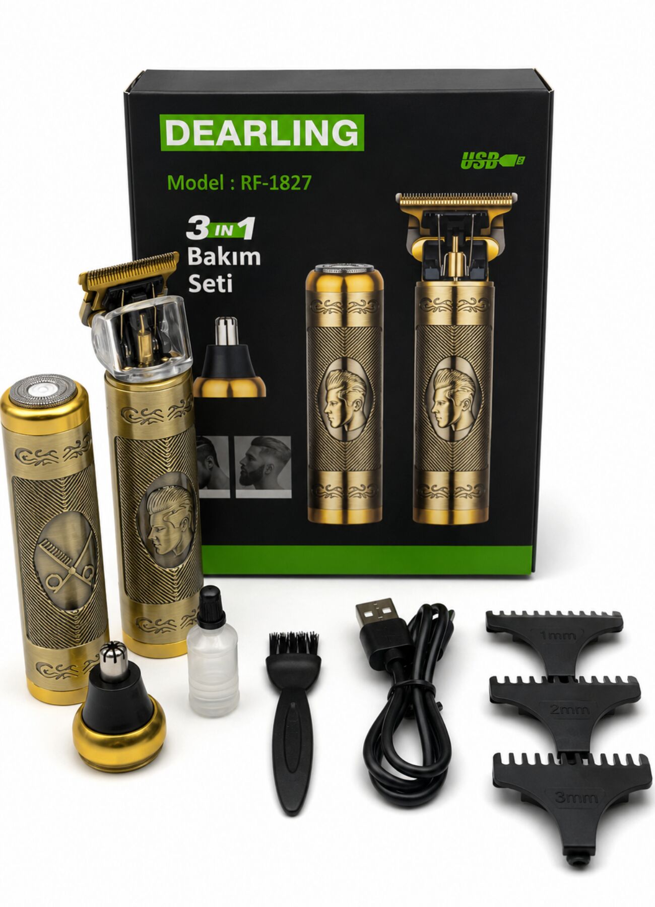 Dearling RF-1827 3'ü 1 Arada Profesyonel Saç Sakal Traş Makinesi - T-Blade Şarjlı Bakım Seti