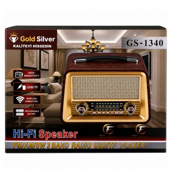 GS-1340 Nostaljik Bluetooth Radyo – MDF Gövde, FM/AM/SW, USB/TF, 1+1 YEDEK BATARYA HEDİYELİ