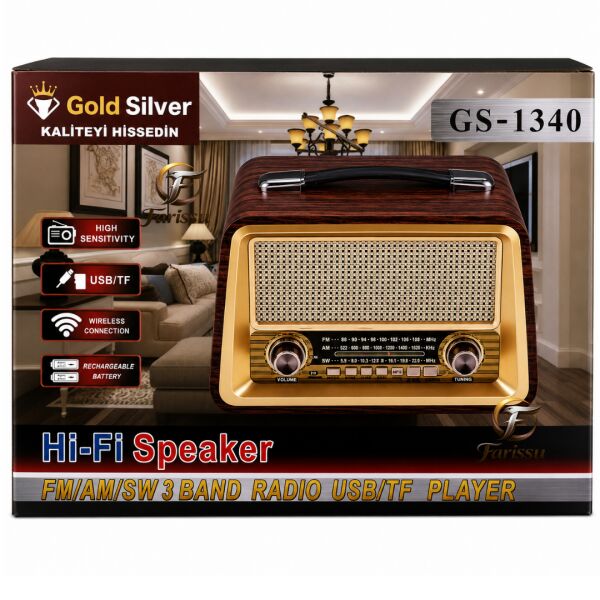 GS-1340 Nostaljik Bluetooth Radyo – MDF Gövde, FM/AM/SW, USB/TF, 1+1 YEDEK BATARYA HEDİYELİ