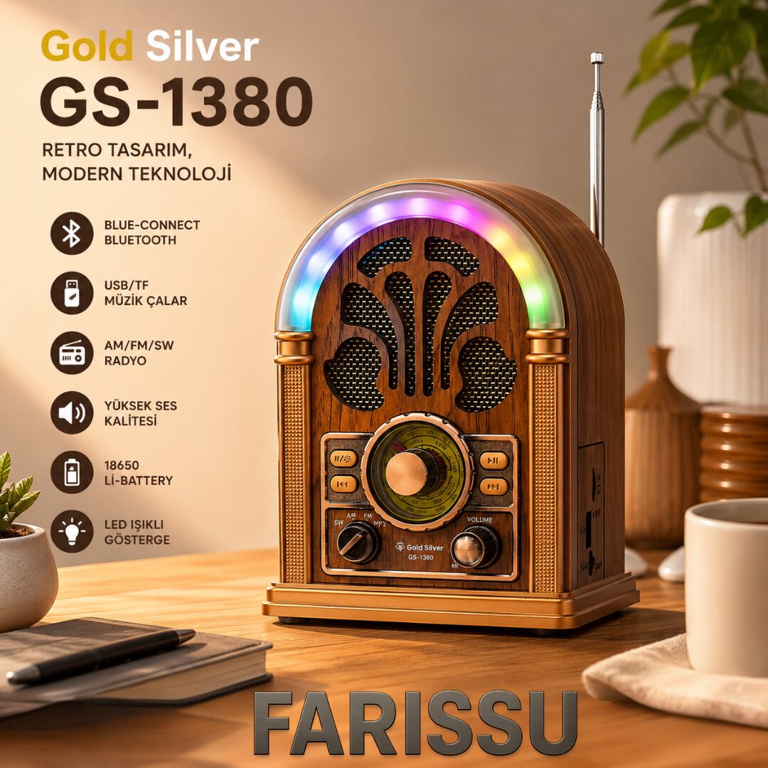 GS-1380 Retro Tasarım Nostaljik Radyo - Bluetooth, USB/TF Müzik Çalar ve LED Işıklı Taşınabilir Hoparlör