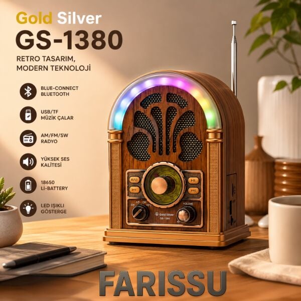 GS-1380 Retro Tasarım Nostaljik Radyo - Bluetooth, USB/TF Müzik Çalar ve LED Işıklı Taşınabilir Hoparlör
