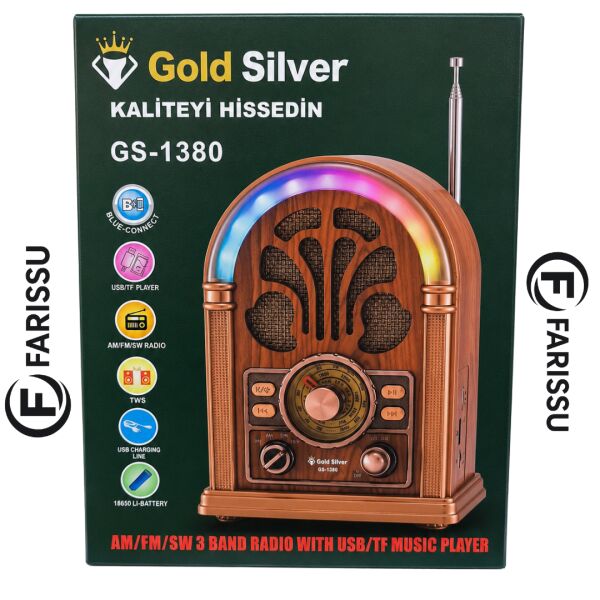GS-1380 Retro Tasarım Nostaljik Radyo - Bluetooth, USB/TF Müzik Çalar ve LED Işıklı Taşınabilir Hoparlör