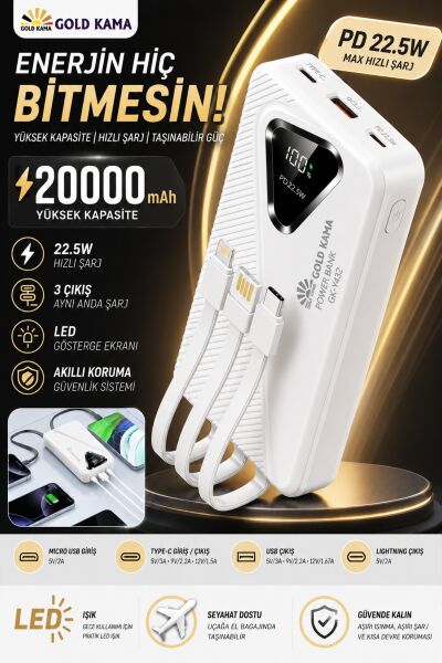 GOLD KAM A 20000mAh Powerbank 22.5W Hızlı Şarj Dahili Kablolu Taşınabilir Şarj Cihazı