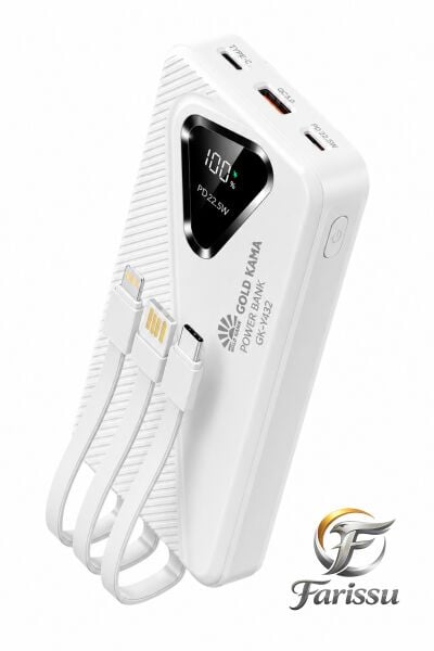 20000mAh Power Bank 22.5W Süper Hızlı Şarj Type-C Lightning Dahili Kablolu Dijital Göstergeli