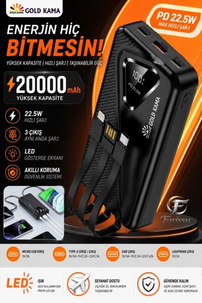 20000mAh Power Bank 22.5W Süper Hızlı Şarj Type-C Lightning Dahili Kablolu Dijital Göstergeli
