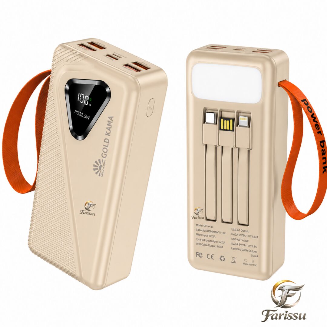 GK-Y433 30000 mAh Powerbank 22.5W Hızlı Şarj Dijital Ekranlı LED Işıklı Dahili Kablolu Taşınabilir Şarj Cihazı