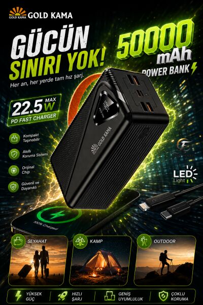 50000 mAh Powerbank 22.5W Hızlı Şarj PD Taşınabilir Güç Kaynağı Dijital Göstergeli LED Işıklı