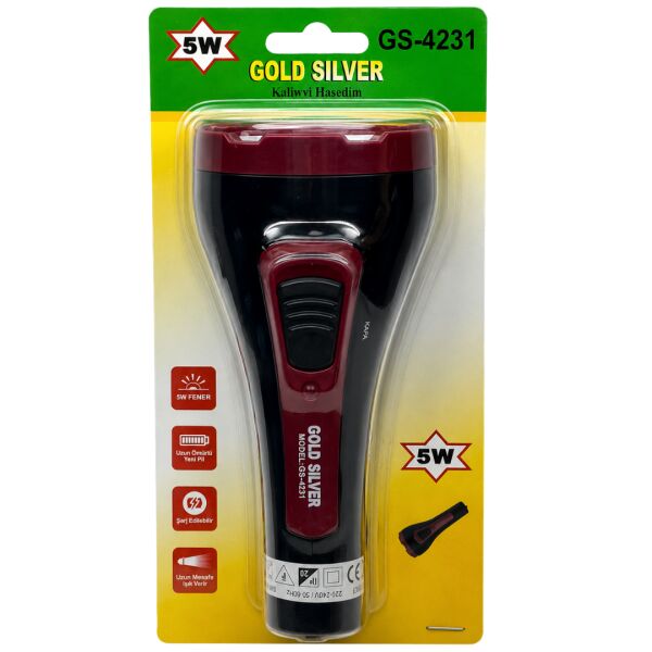 Gold Silver GS-4231 Şarj Edilebilir 5W LED El Feneri - Güçlü Işık Kamp Feneri