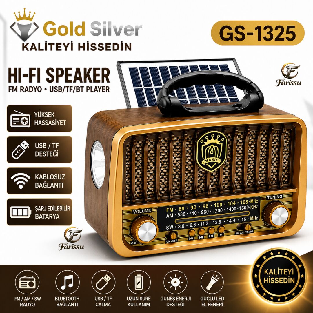 Gold Silver GS-1325 Nostaljik Radyo Güneş Enerjili Bluetooth Hoparlör USB/TF Kart Girişli Güçlü Fenerli Şarjlı