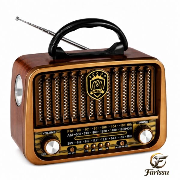 Gold Silver GS-1325 Nostaljik Radyo Güneş Enerjili Bluetooth Hoparlör USB/TF Kart Girişli Güçlü Fenerli Şarjlı