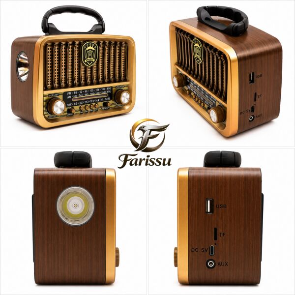 Gold Silver GS-1325 Nostaljik Radyo Güneş Enerjili Bluetooth Hoparlör USB/TF Kart Girişli Güçlü Fenerli Şarjlı