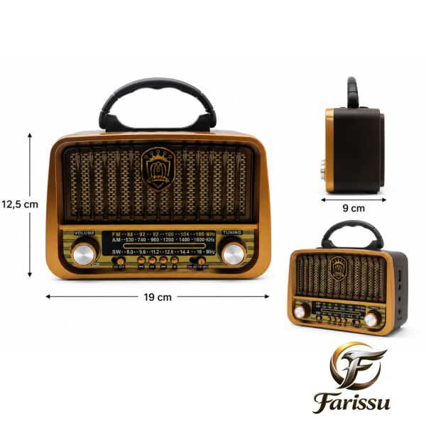 Gold Silver GS-1325 Nostaljik Radyo Güneş Enerjili Bluetooth Hoparlör USB/TF Kart Girişli Güçlü Fenerli Şarjlı