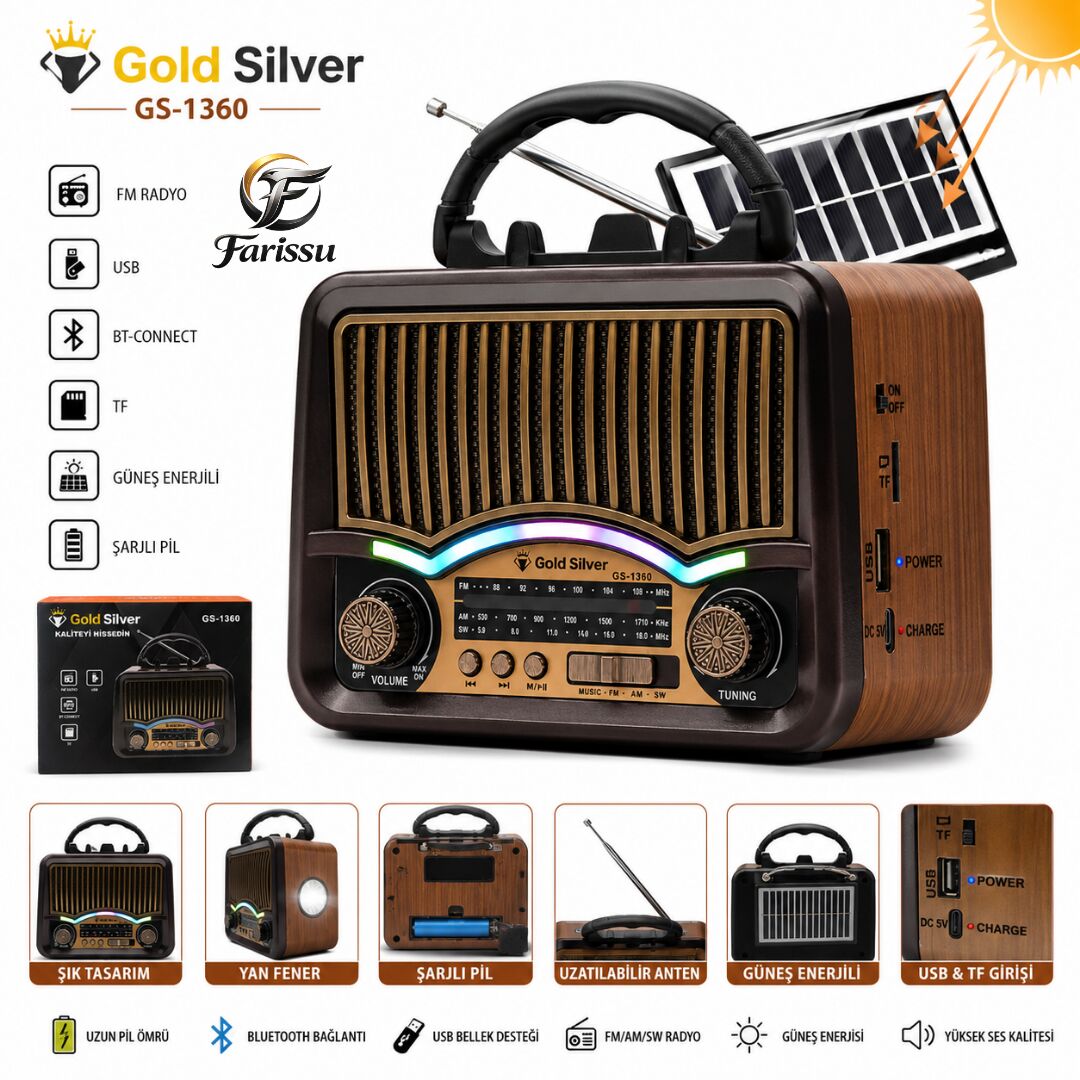 GS-1360 Nostaljik Tasarım Bluetooth Hoparlörlü Güneş Enerjili Şarjlı FM/AM/SW Radyo