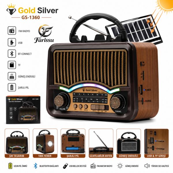 GS-1360 Nostaljik Tasarım Bluetooth Hoparlörlü Güneş Enerjili Şarjlı FM/AM/SW Radyo