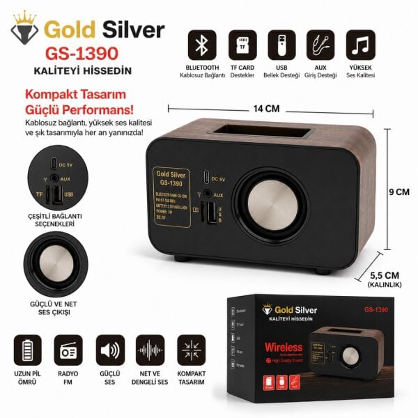 GS-1390 Retro Bluetooth Hoparlör ve FM Radyo | USB Bellek, TF Kart, AUX Girişli Ahşap Tasarım