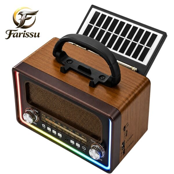 Gold Silver GS-1375 Nostaljik Radyo - Bluetoothlu, Güneş Panelli, Şarjlı Fenerli Taşınabilir Hoparlör