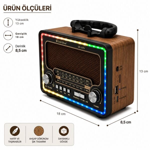 Gold Silver GS-1375 Nostaljik Radyo - Bluetoothlu, Güneş Panelli, Şarjlı Fenerli Taşınabilir Hoparlör