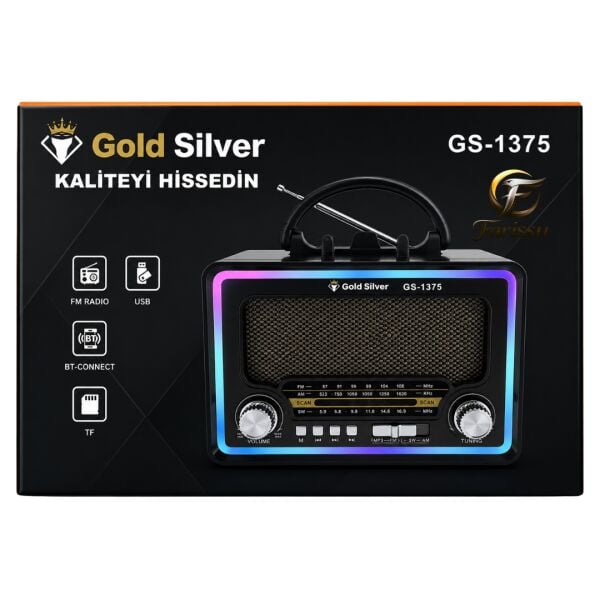 Gold Silver GS-1375 Nostaljik Radyo - Bluetoothlu, Güneş Panelli, Şarjlı Fenerli Taşınabilir Hoparlör