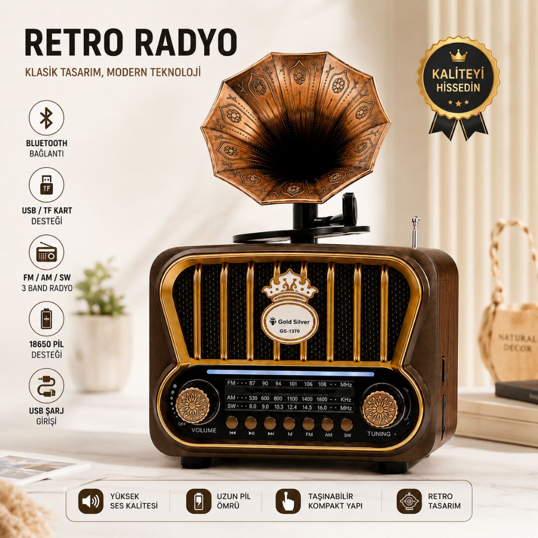 Gold Silver GS-1370 Nostaljik Gramofon Tasarımlı Bluetoothlu 3-Band Radyo & Müzik Çalar