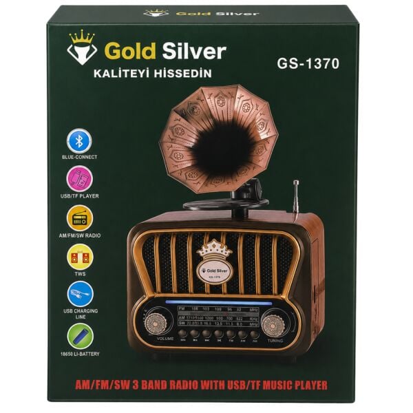 Gold Silver GS-1370 Nostaljik Gramofon Tasarımlı Bluetoothlu 3-Band Radyo & Müzik Çalar