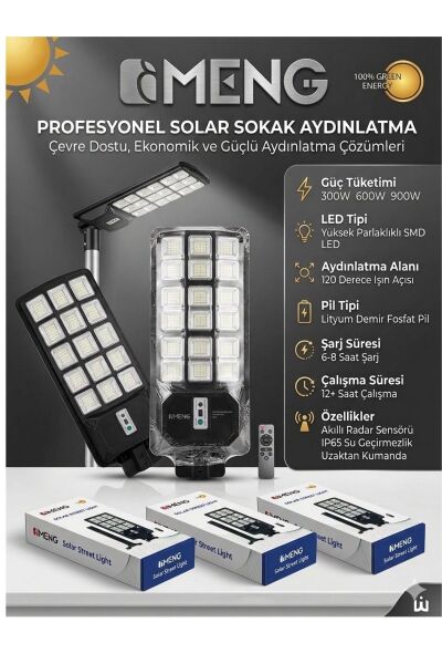 GIMENG 300W Solar Güneş Enerjili Bahçe ve Sokak Lambası - 240 LED Hareket Sensörlü IP67 Su Geçirmez