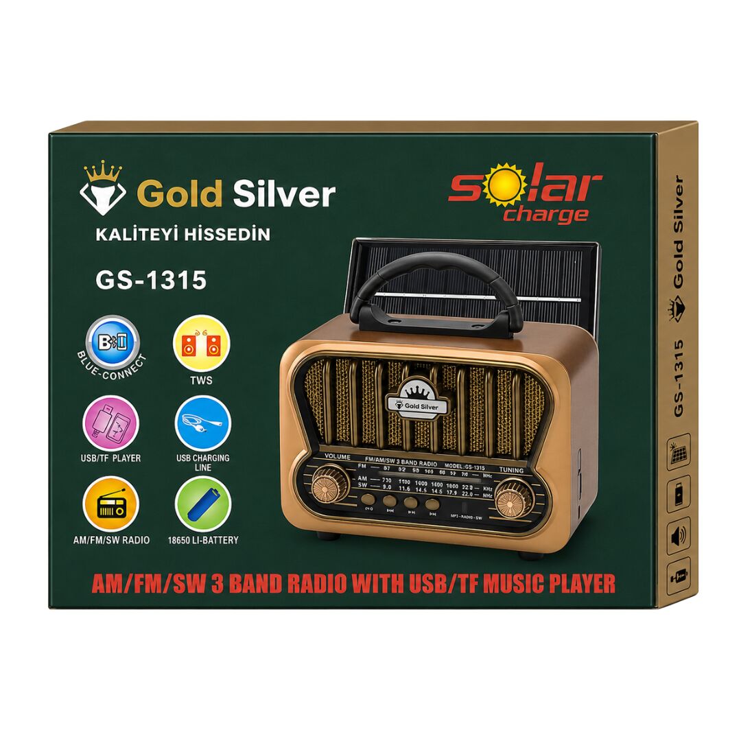 Gold Silver GS-1315 Nostaljik Retro Radyo - Güneş Enerjili, Bluetooth/USB/TF Kart Destekli 3 Band Hoparlör