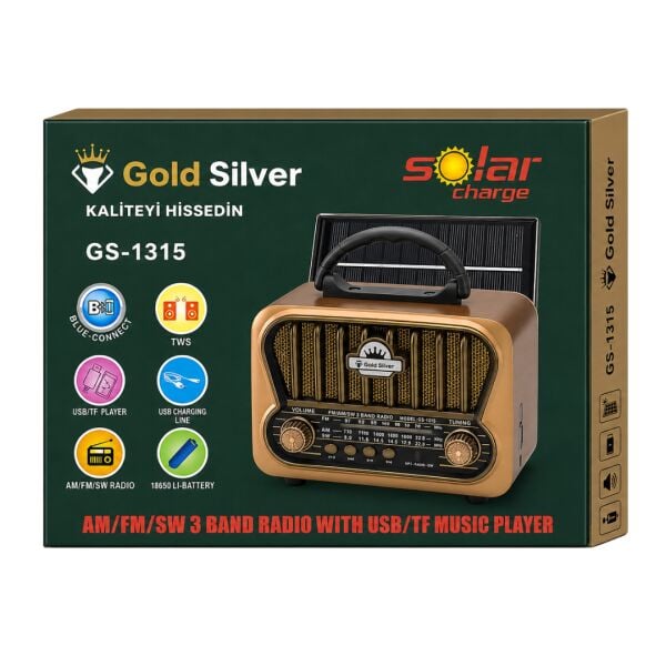 Gold Silver GS-1315 Nostaljik Retro Radyo - Güneş Enerjili, Bluetooth/USB/TF Kart Destekli 3 Band Hoparlör