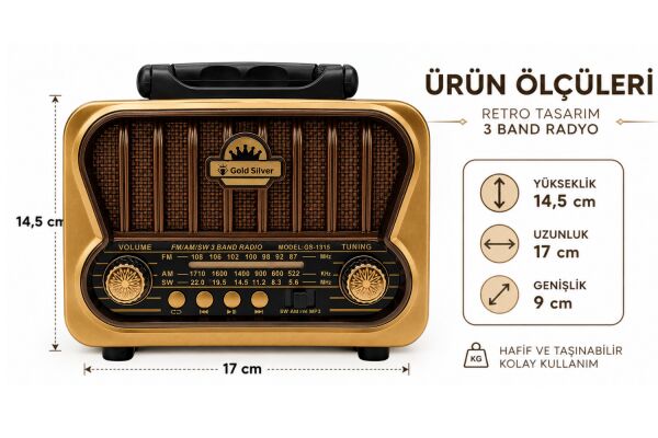 Gold Silver GS-1315 Nostaljik Retro Radyo - Güneş Enerjili, Bluetooth/USB/TF Kart Destekli 3 Band Hoparlör