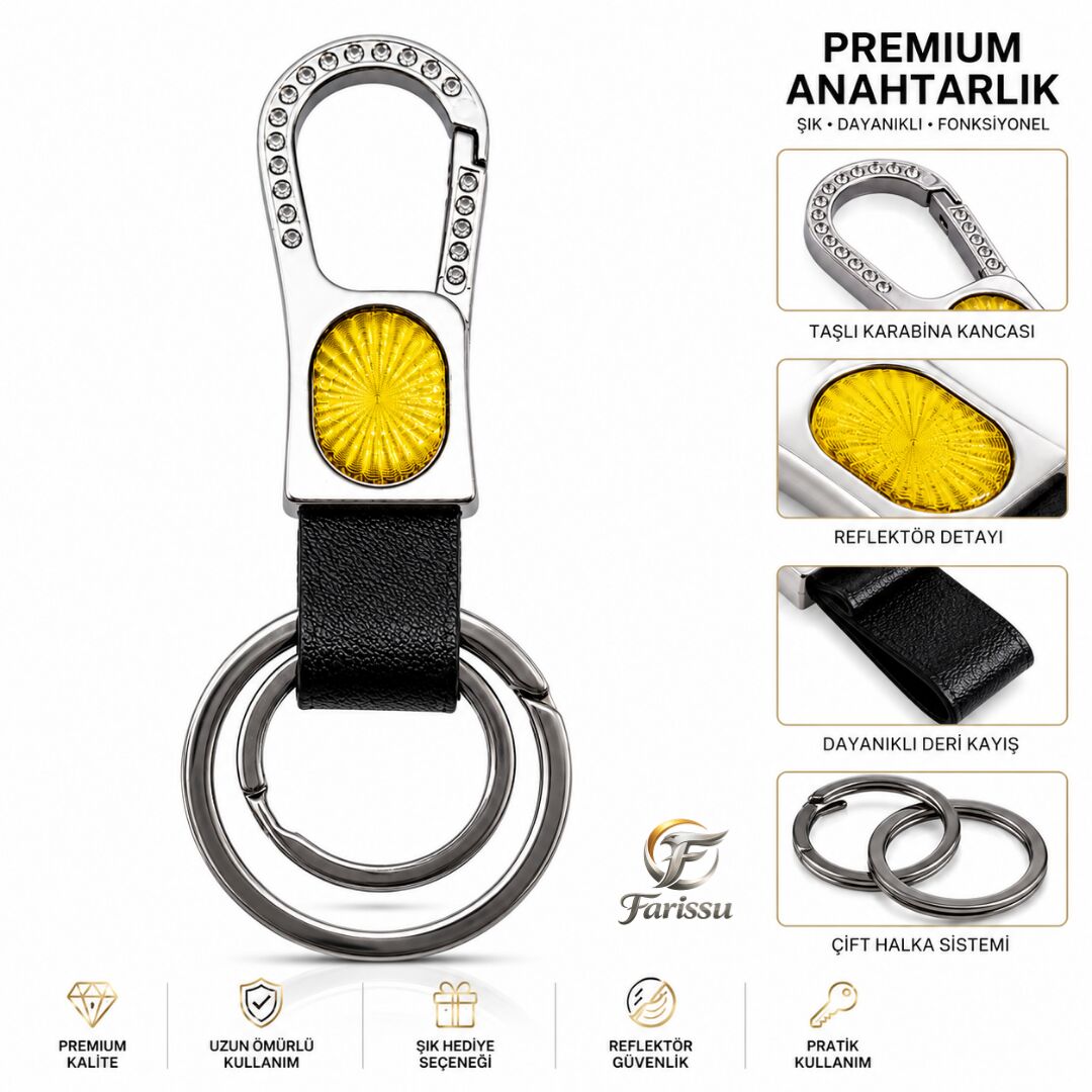Premium Taşlı Karabina Kancalı Deri Anahtarlık - Sarı Reflektörlü & Çift Halkalı