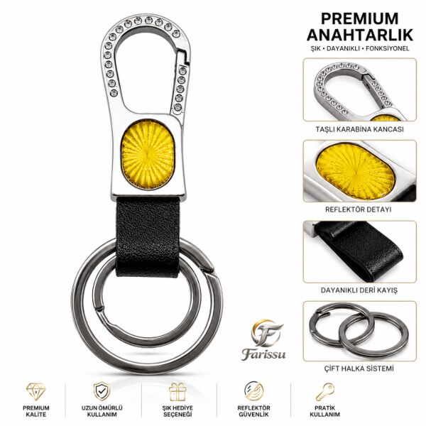 Premium Taşlı Karabina Kancalı Deri Anahtarlık - Sarı Reflektörlü & Çift Halkalı