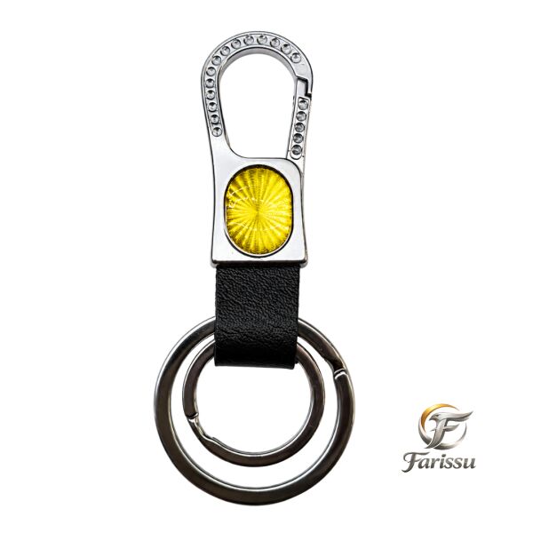 Premium Taşlı Karabina Kancalı Deri Anahtarlık - Sarı Reflektörlü & Çift Halkalı