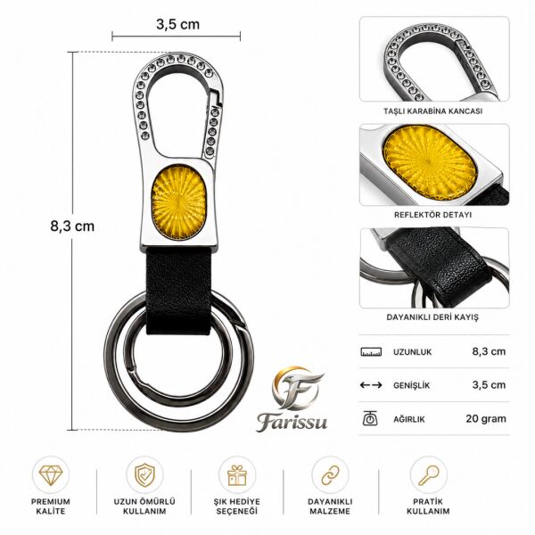 Premium Taşlı Karabina Kancalı Deri Anahtarlık - Sarı Reflektörlü & Çift Halkalı