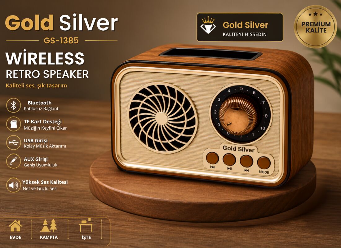 Gold Silver GS-1385 Nostaljik Tasarım Bluetooth Kablosuz Hoparlör
