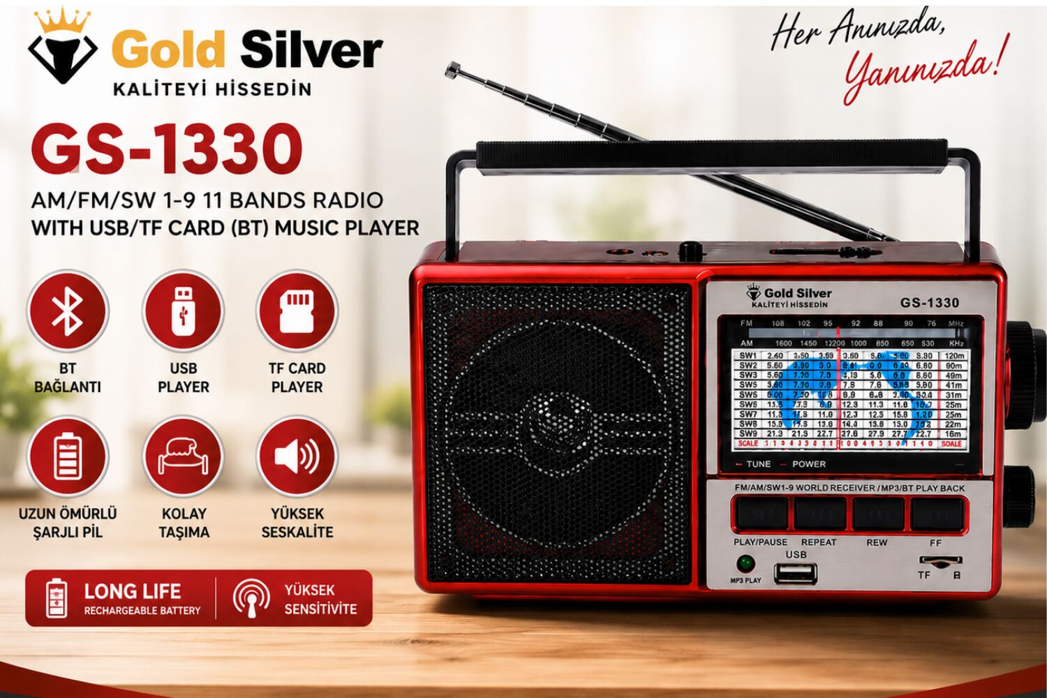 Gold Silver GS-1330 Nostaljik Tasarımlı 11 Bant Şarjlı Radyo