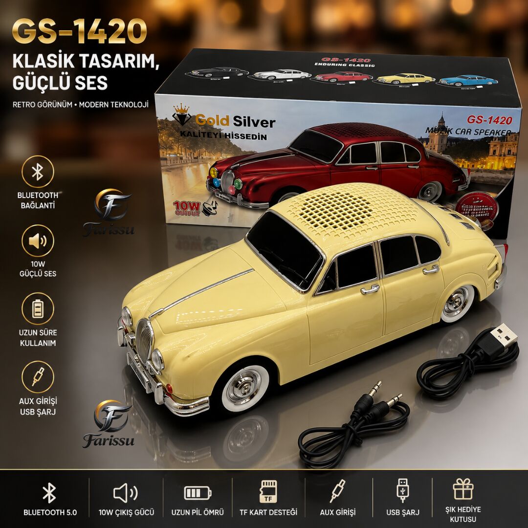 GS-1420 Klasik Nostaljik Araba Figürlü Bluetooth Hoparlör - 10W Güçlü Ses Sitemi