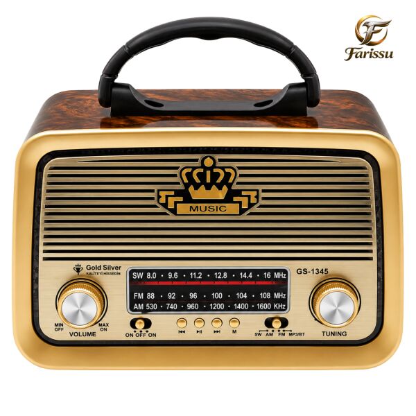 Gold Silver GS-1345 Nostaljik Görünümlü Retro Radyo & Bluetooth Hoparlör (Güneş Panelli & El Fenerli)
