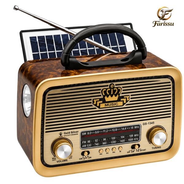 Gold Silver GS-1345 Nostaljik Görünümlü Retro Radyo & Bluetooth Hoparlör (Güneş Panelli & El Fenerli)