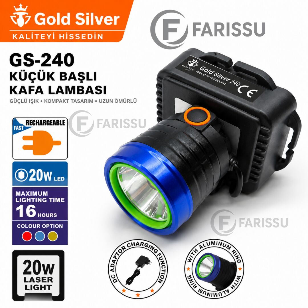 Gold Silver GS-240 20W LED Şarj Edilebilir Kafa Lambası - 400m Menzilli Ultra Hafif Kafa Feneri