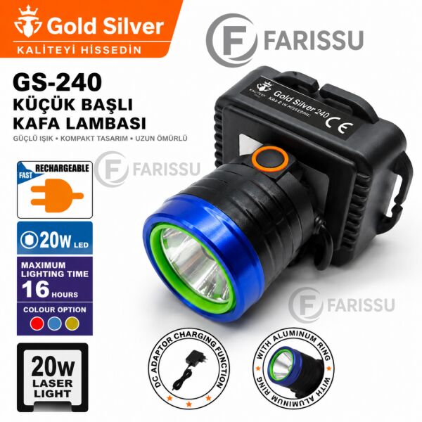 Gold Silver GS-240 20W LED Şarj Edilebilir Kafa Lambası - 400m Menzilli Ultra Hafif Kafa Feneri