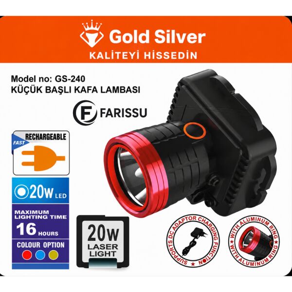 Gold Silver GS-240 20W LED Şarj Edilebilir Kafa Lambası - 400m Menzilli Ultra Hafif Kafa Feneri
