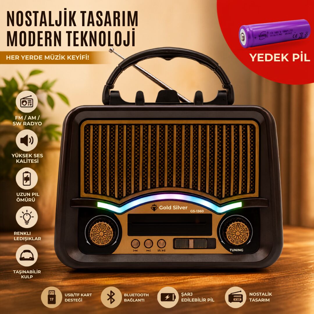 Gold Silver GS-1360 Nostaljik Tasarım Bluetooth Radyo(YEDEK PİLİ)