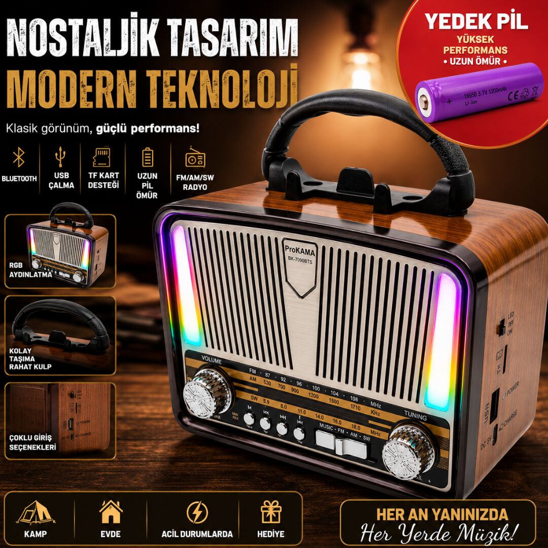 ProKAMA Nostaljik Tasarım Solarlı Bluetooth Radyo(YEDEK PİLİ)