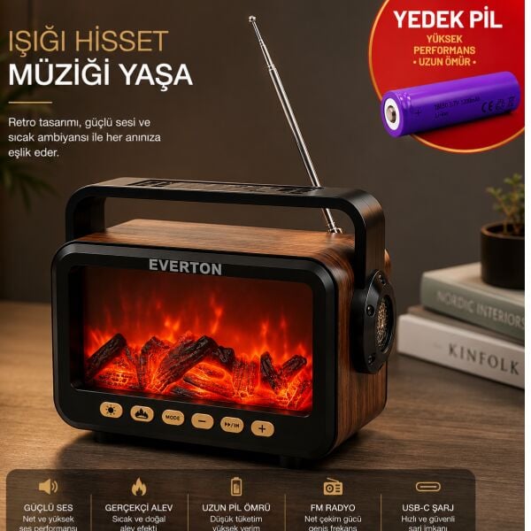 Everton RT-734 Retro Tasarımlı Şömine Efektli Solar El Fenerli Bluetooth Hoparlör & FM Radyo(YEDEK PİLİ)