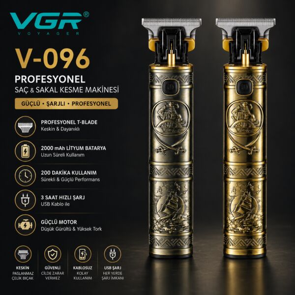V-096 Profesyonel T-Blade Saç Sakal Kesme Makinesi 2000 mAh Şarjlı Kablosuz Erkek Tıraş Makinesi
